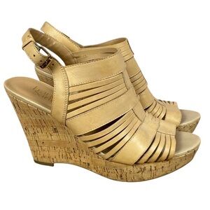 Franco Sarto Leather Beige Wedge Strap Sandals Shoes Sz 9